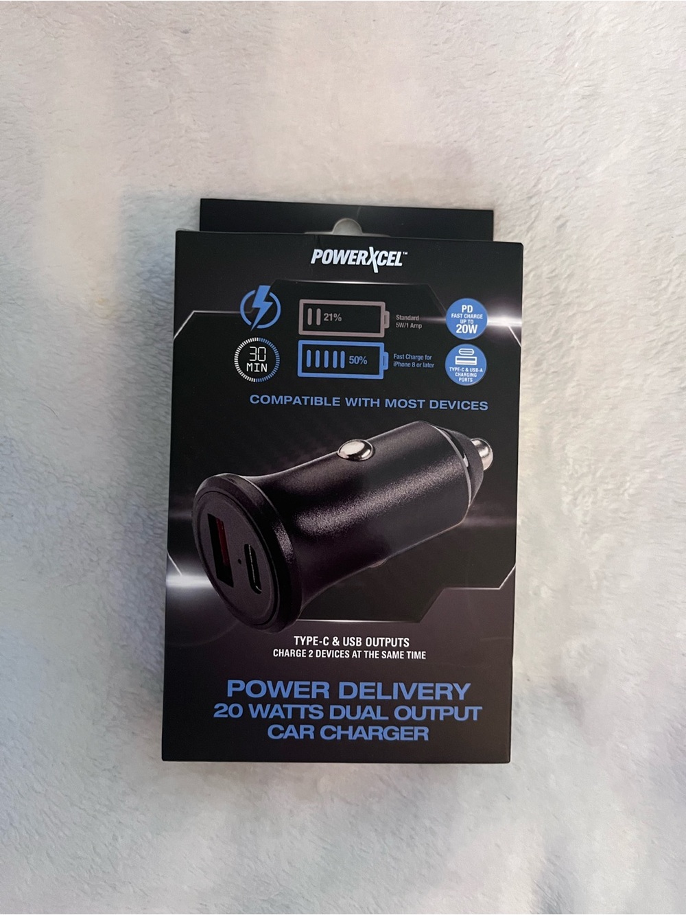 Black 20W Dual Output Car Charger with USB-C & USB-A
